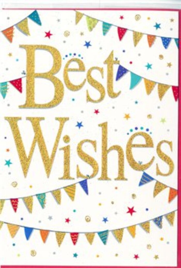 In this image, a Best Wishes card takes centre stage, laid out against a neutral surface so every detail of its design stands out clearly. The background of the card itself is a bright, matte white, reminiscent of a freshly painted wall in a tidy Becontree Heath townhouse, giving the whole piece a clean, modern feel. Dominating the middle is a sweeping phrase in luxurious gold foil script, confidently spelling out Best Wishes. The lettering is elegantly curved, with a slightly embossed effect that makes it glimmer as though tiny flecks of sunlight are caught within the strokes. Above and below these words, curved rows of bunting flutter across the card, echoing the arc of decorations you might see strung across a community gathering near Parsloes Park. Each small, triangular flag is rendered in jewel-like colours-rich turquoise, ruby red, grassy green, golden yellow, and soft violet-some with miniature polka dots, others with stripes or subtle mosaic-like patterns. The bunting lines gently cradle the text, turning the message into the heart of a vibrant celebration scene. Around them, scattered stars and dots in harmonious shades float lightly, suggesting confetti mid-air or the sparkle of distant fireworks. The composition feels airy yet exuberant, full of movement without ever becoming cluttered. It captures the mood of shared joy-perfect for sending alongside flowers when someone has just passed exams, launched a new venture, or celebrated an engagement. A local florist in Becontree Heath might pair this card with a colourful bouquet, knowing the gold lettering and festive bunting echo the same sense of upbeat encouragement and warm-hearted congratulations.