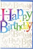 This birthday card radiates the same bright happiness you might feel stepping out into a sunny morning in Becontree Heath, ready to celebrate someone special. Front and centre, the words Happy Birthday stretch across the card in large, confident typography, each letter infused with a silky gradient of colour. The hues shift from deep berry reds and rosy pinks through tangerine, golden yellow, fresh green, turquoise, and rich blue, blending so seamlessly that the letters look almost hand-painted, like careful brushstrokes on a festive banner strung across a local garden party. The effect is joyful without feeling loud, a harmonious rainbow that leads the eye along the length of the greeting. Around these vivid letters, tiny multi-coloured stars and dots gently pepper the surface-small accents of cobalt, magenta, lime, and yellow that bring to mind scattered confetti after a birthday toast at home. Behind everything, a warm, creamy backdrop is veiled with repeated lines of Happy Birthday to you in fine, looping metallic script. The writing, mostly in soft gold with occasional silvery glints, is understated yet luminous, like the shimmer of late-afternoon light over the rooftops near Becontree Heath's busy streets. Rather than demanding attention, this background calligraphy acts like a quiet chorus, deepening the sense of celebration. The card stock appears smooth and slightly glossy, suggesting a reassuring weight and a pleasant touch when you open it to write your own message. Overall, the design balances playful colour with elegant detail, making it a versatile, uplifting choice for marking birthdays of every kind-from a child's party in the park to a milestone gathering with family and friends.